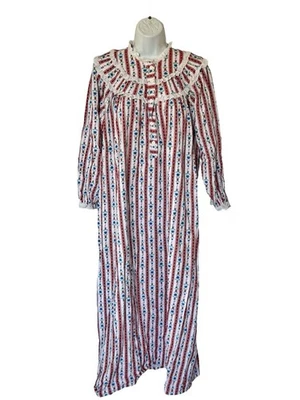 Vintage Lanz of Salzburg Flannel Cotton Nightgown M Eyelet Lace White Red Blue - Image 1 of 4