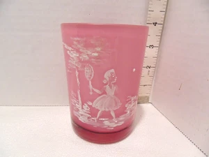 Vintage Mary Gregory Tumbler Pink Cranberry Blown Glass  Girl Playing Tennis - Picture 1 of 5