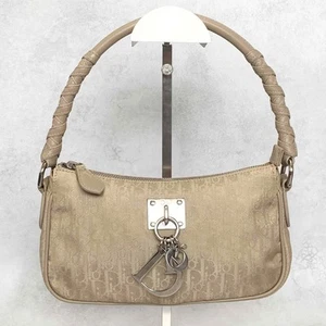 Christian Dior Bag Shoulder Hand Pouch Trotter Charm Beige Leather Nylon Purse - Picture 1 of 23