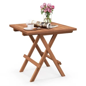 Teak Wood Folding End Table Square Side Table w/ Slatted Tabletop Yard Natural - Picture 1 of 10