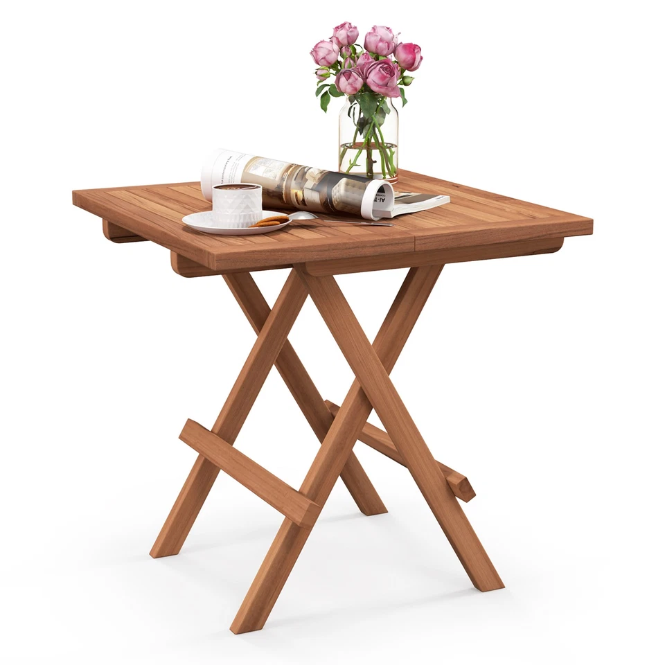 Teak Wood Folding End Table Square Side Table w/ Slatted Tabletop Yard Natural - Image 1 of 4