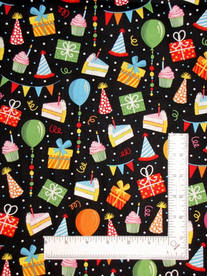 Birthday Party Fabric 32" Length Cupcake Cake Baloons Gifts Cotton BSDesigns Foto 1 de 1