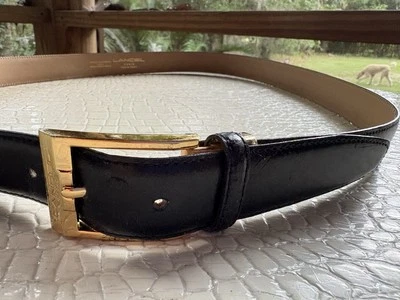 复古 Lancel Paris 皮带男式 42 皮革黑色签名金色扣法国阅读 — 第 1/4 张图片