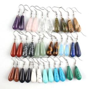Natural Stone Long Drop Dangle Earrings Hook Healing Reiki Balance Jewelry - Picture 1 of 25