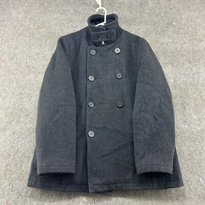 LL Bean Pea Coat Mens M Black Grey Wool Quilted Lined Double Breasted Chinstrap - Image 1 of 4