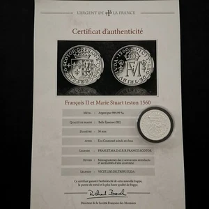 MEDAILLE 30mm ARGENT 999.99‰ REPLIQUE DU TESTON 1560 FRANCOIS II MARIE STUART / - Picture 1 of 3