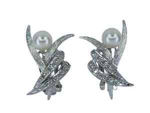 STUNNING SOLID 14K WHITE GOLD 0.2 TCW DIAMOND PEARL CLIP-ON EARRINGS ~ 1" / 7.6g - Picture 1 of 19