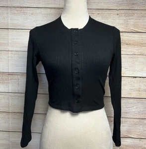 Reformation Marie Cropped Ribbed Knit Cardigan Sweater Sz XS Slim Fit Black - Picture 1 of 13
