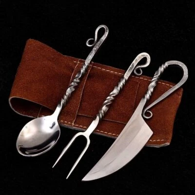 Mittelalter Besteck Set, handgeschmiedet aus 1095. Griff eingerollt 4210 - Bild 1 von 4