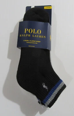Polo Ralph Lauren Mens Classic Sport Quarter Crew Socks Black Grey White 3 pack - Image 1 of 3