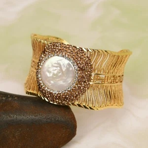 Gold Plated White Pearl Bangle With CZ Paved Wire Drawing Point Pearl Bracelet - Picture 1 of 7