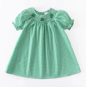 NEW Boutique St Patrick's Day Girls Smocked Embroidered Shamrock Dress - Picture 1 of 10