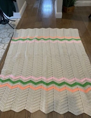 Handmade Crochet Knit Baby Blanket Granny Chevron 55x62 Beige Pink Orange - Image 1 of 4