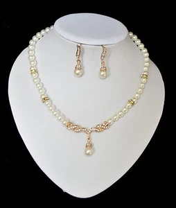 Set 2 Tlg Perlenkette Ohrringe Kette Collier Perlen Strass Halskette - Bild 1 von 1
