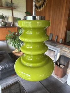 Vintage 1970s Hemi Flygors Sweden Hooped Green Opaline Glass Ceiling Light - Picture 1 of 24
