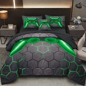 Game Console Green Comforter Set with Sheets, 6 Pcs Bed in A Bag Geometric Li... - Picture 1 of 8