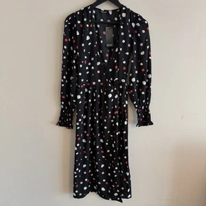 BNWT NASTY GAL Black Multi Spots Print SIZE 4 UK Long Sleeve Midi Wrap Dress - Picture 1 of 9
