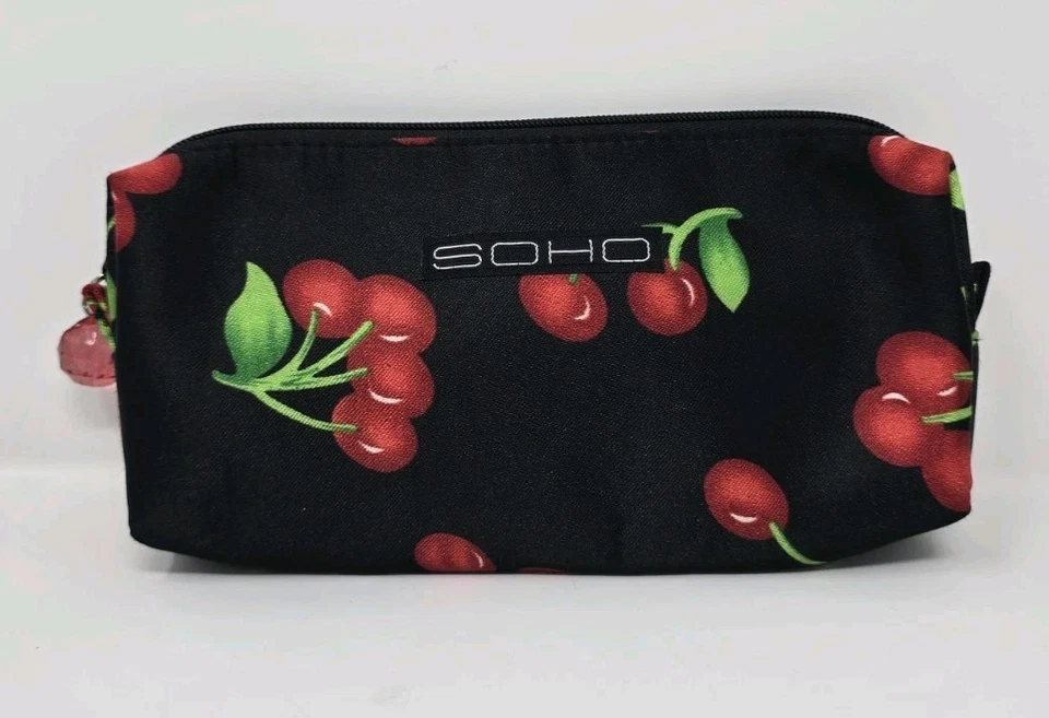 Soho Black Cosmetic Bag with Red Cherry Print – Zipper Pouch Makeup Case - Image 1 of 4