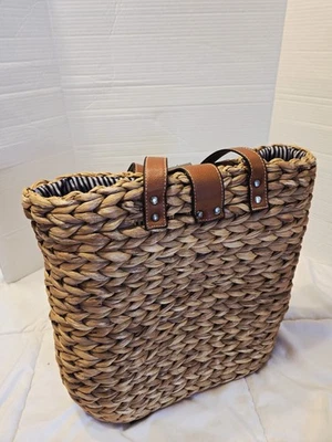 Ротанг плетеная солома сплетенный коричневый рюкзак из искусственной кожи ремни один размер 13Hx14Lx4w - Изображение 1 из 4