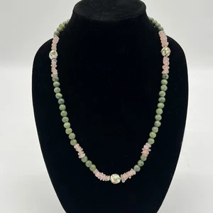 Vintage Jade & Rose Quartz Beaded Necklace – Cloisonné Floral Beads – 12” - Picture 1 of 7