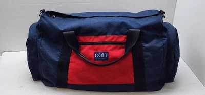 BOLSO DE VIAJE GRANDE VINTAGE DOLT CALIFORNIA AZUL ROJO BOLSILLO LATERAL LONA RARO Foto 1 de 4