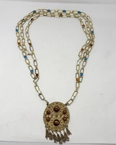 VTG EARLY FRENCH Byzantine GRIPOIX GLASS CABOCHON PENDANT NECKLACE Large Long - Picture 1 of 6