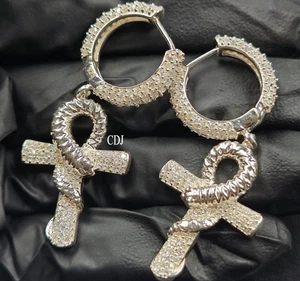 D/VVS Moissanite Surprise Gift 4 Men's day Ankh Hoop Earring White Gold plated S - Picture 1 of 6