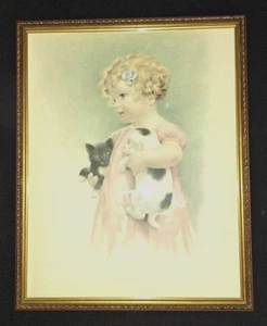 DE COLECCIÓN MARCO DORADO 15" BESIE PEASE GUTMANN ARTE Enemigos amistosos 1937 NIÑA PERRO GATO - Imagen 1 de 11