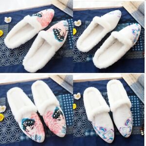 Lady Chinese Plush Fleece Lined Slippers Embroidery Loafers Mule Shoes Retro