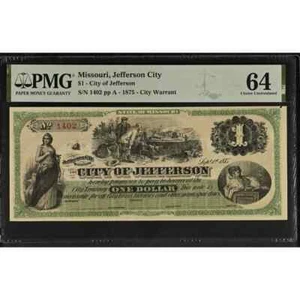 Missouri 1 Dollar 1875 City Warrant PMG 64 Choice UNC - Picture 1 of 2