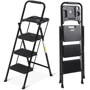 Escalera de 3 peldaños con bandeja de herramientas taburete plegable ancho antideslizante pedal 330 lb negro - Imagen 1 de 24