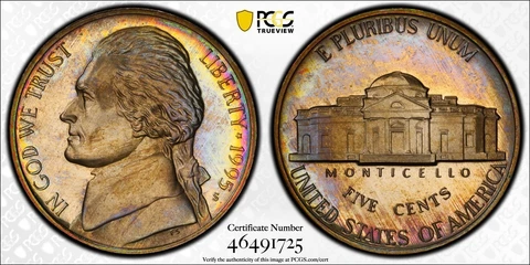 PR68DCAM 1995-S Jefferson Proof Nickel, PCGS Secure- Pretty Album Toned Cover