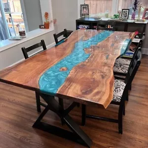 Stunning Blue Epoxy River Table - Unique Live Edge Design Epoxy River Table - Picture 1 of 10