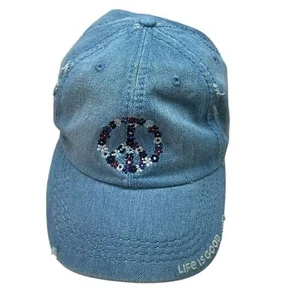 Neu mit Etikett Life Is Good Baseball-Truckermütze Kappe Blumenmuster Peace-Zeichen Denim Krempe - Bild 1 von 7