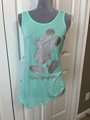 Camiseta sin mangas Walt Disney World talla SM Mickey Mouse verde menta con brillo plateado nueva con etiquetas Foto 1 de 4