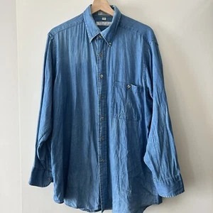 Vintage 80s Van Heusen Editions Shirt Mens M-L 16 - 32/33 Casual Blue Denim Faux - Picture 1 of 6