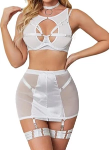 Popiv 6 Piece Lingerie Skirt Strappy Cutout Stretchy High Waist Garter Set - Picture 1 of 19