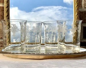 Set 4 Beakers Spirits Water Juice Glasses Needle Etched Richmond Morgantown 4” - Picture 1 of 8