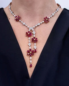Beautiful Flower Drops Pear Shape Ruby & Lab-Created Diamonds Women's Necklace - Picture 1 of 7