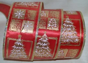 Wired Ribbon~Christmas Red Gold Tree~Snowflake~Holiday~2.5"~Gift~Wreath~Bow - Picture 1 of 1