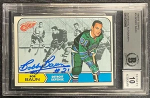 CARTOLINA BOBBY BAUN FIRMATA 1968-69 TOPPS RED WINGS LEAFS BECKETT AUTO GRADO 10 908 - Foto 1 di 2