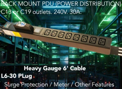 7200w 240V Rackmount Mining PDU Server Rack L6-30P 30A to 8x C13 C19 KASPA BTC - Image 1 of 2