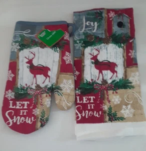 New 2 Piece Kitchen Set Dish Hand Towel & Oven Mitt "Let it Snow" - Imagen 1 de 2