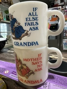Vintage Milk Glass Mugs Grandma Grandpa His and Hers Coffee Cup Collection Set 2 - Picture 1 of 4