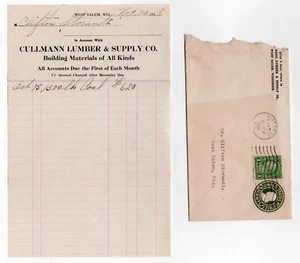 1928 Billhead & Cover Cullman Lumber & Supply 1.500 Pfund Kohle Salem WI - Bild 1 von 5