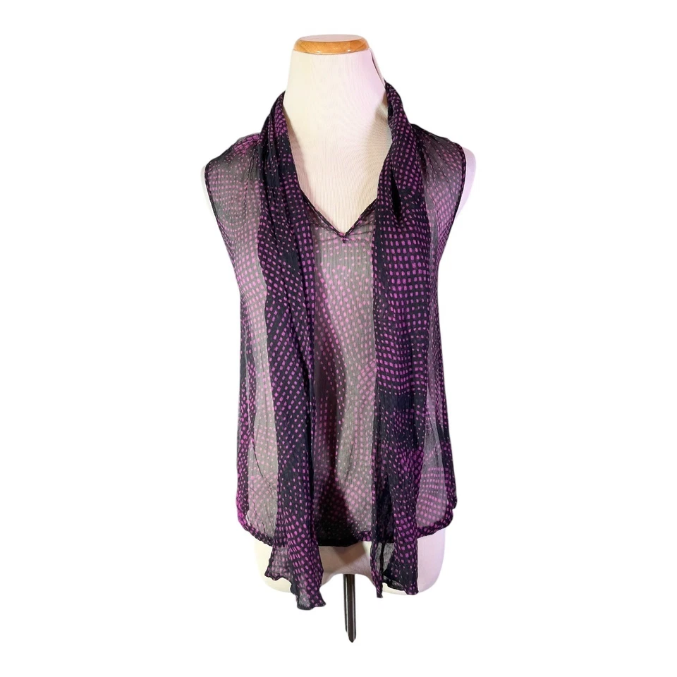 Blusa Yansi Fugel Talla 2 Seda Arrugada Transparente Sin Mangas Corbata Cuello Marrón Magenta Foto 1 de 4
