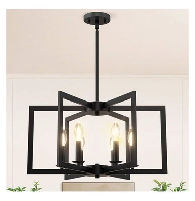 Large Black Chandelier Geometric Farmhouse Dining Room Light Fixture 6 Light - Image 1 of 4