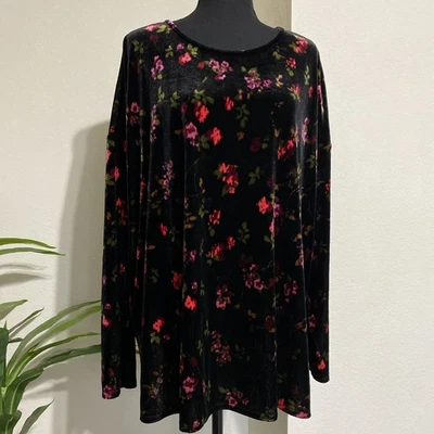 J Jill Negro Rojo Floral Terciopelo Top Plus 3X Terciopelo Pullover Vacaciones Festivo Acogedor Foto 1 de 4