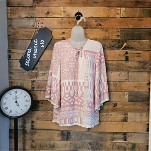 Signature Studio women's dusty pink & white patterned blouse w/ bobble trim Sz M - Picture 1 of 11
