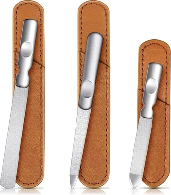Kit de 3 limas de uñas de acero inoxidable con estuche de cuero, clavo de metal de doble cara Foto 1 de 4